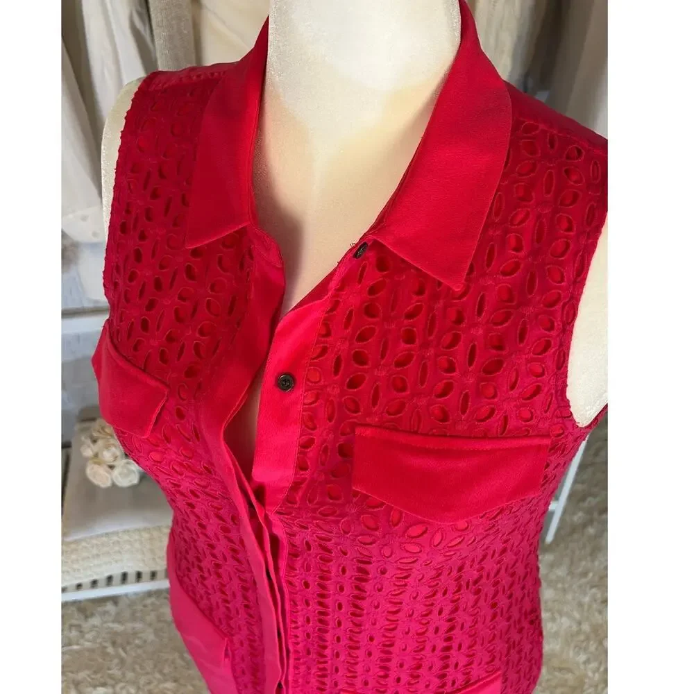 Cece Women's Sz 10 Bright Pink Lined Eyelet Sleeveless Sheath Shirt Dress #0327 - Picture 5 of 14